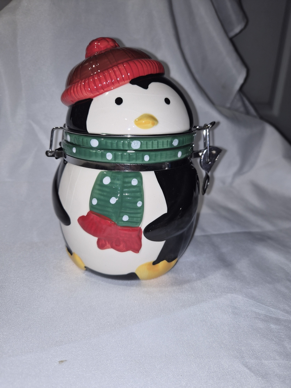 Holiday Penguin Ceramic Cookie Jar - Green & Red